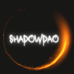 Black background with an orange partial circle, similar to a fire being moved quickly around in a circle. The username shadowdao is featured in the middle with dripping font.