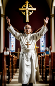 AI Generated Image of a Catholic Priest with his hands up.