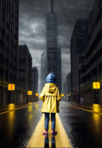 Child standing in the middle of a street in a city, wearing a yellow rain coat.